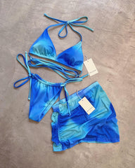 ILLUSION BLUE TAN BIKINI + MESH SKIRT