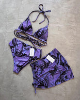 Purple veined tan bikini + mesh skirt