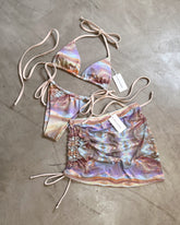 Pearlescent tan bikini + mesh skirt