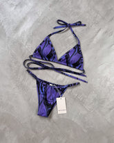 Purple veined triangle bikini + mesh skirt