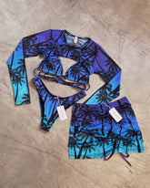 SET BIKINI PALMERA MORADA + FALDA EN MALLA