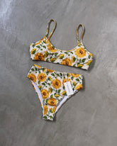 BASIC BIKINI WITH VINTAGE SUNFLOWER STRAPS + MESH SKIRT