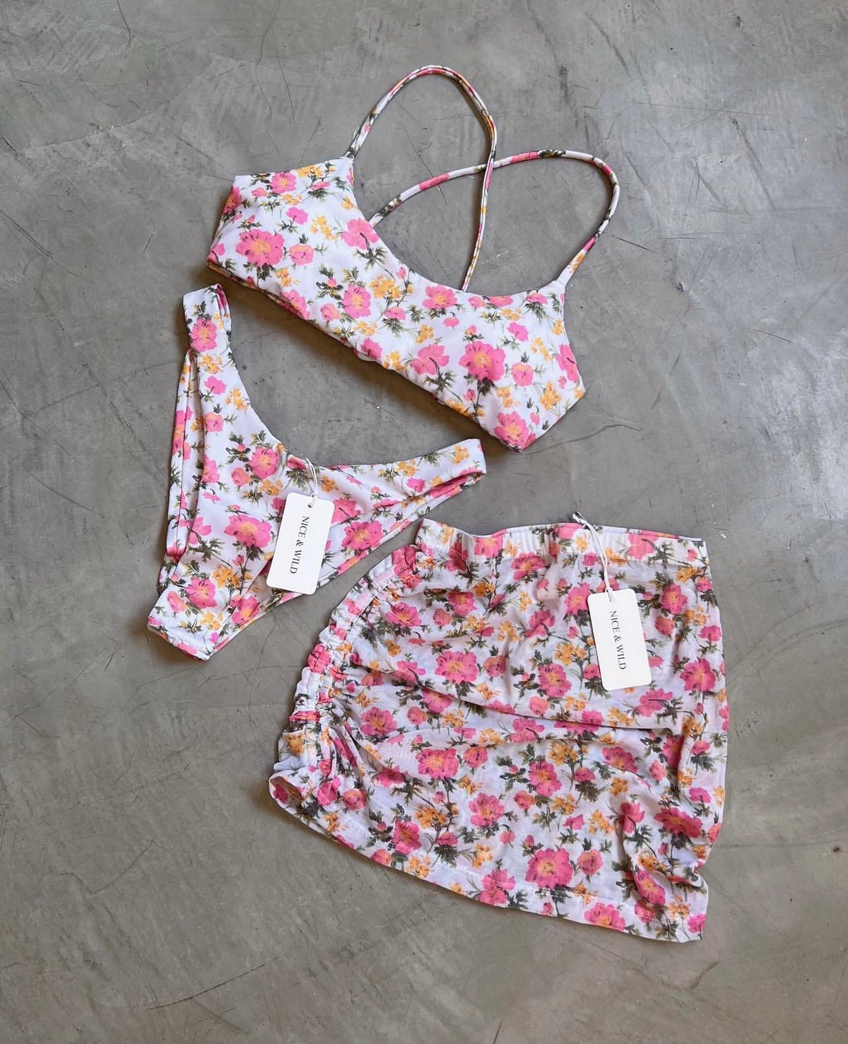PINK FLORAL CROSSOVER BIKINI + MESH SKIRT