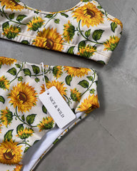 BASIC BIKINI WITH VINTAGE SUNFLOWER STRAPS + MESH SKIRT