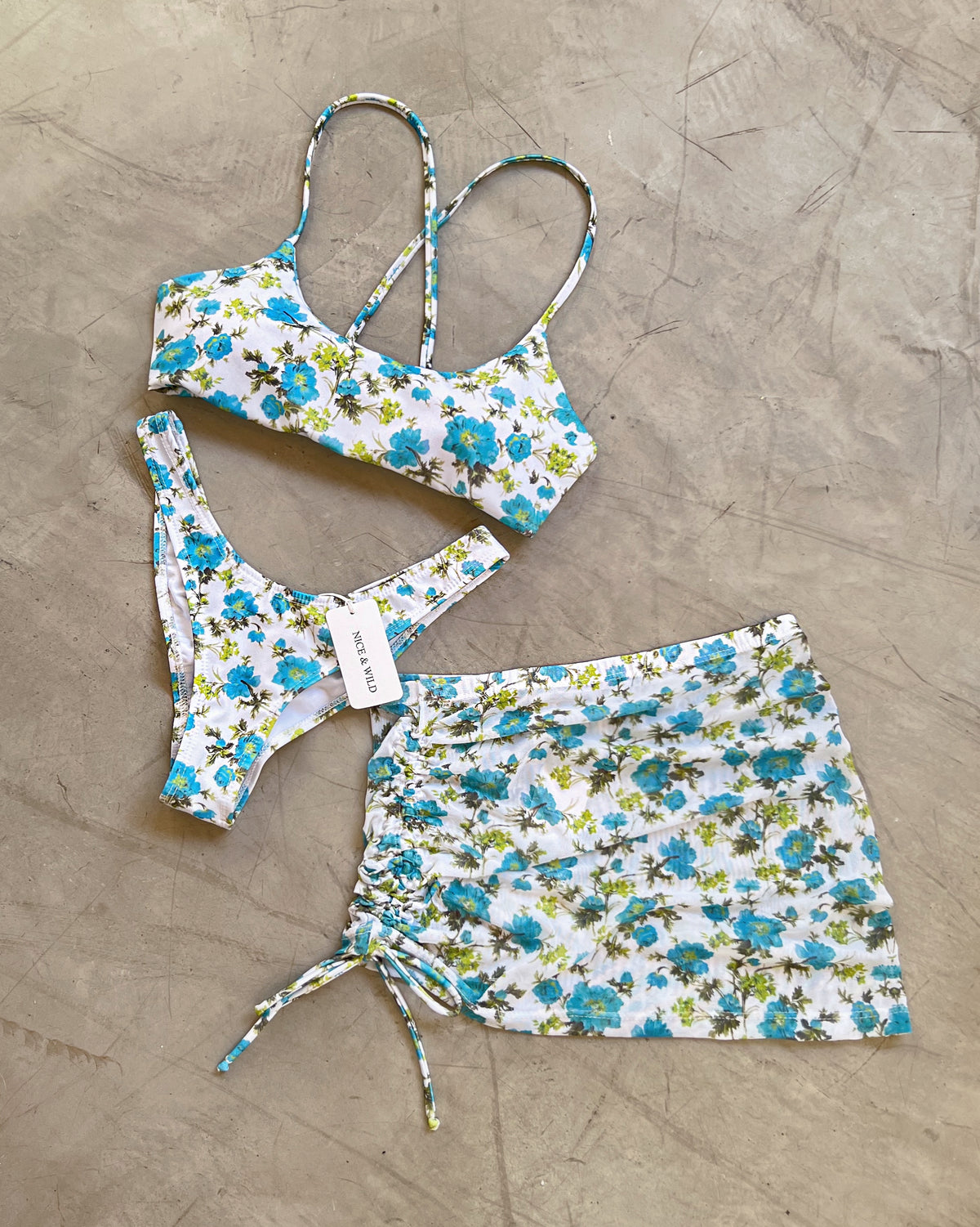 Blue Floral Crisscross Bikini + Mesh Skirt