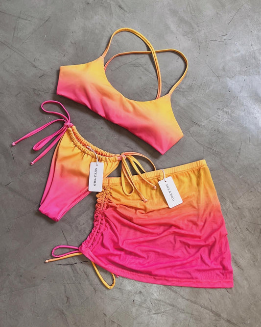 BIKINI CRUZADO DURAZNO + FALDA EN MALLA
