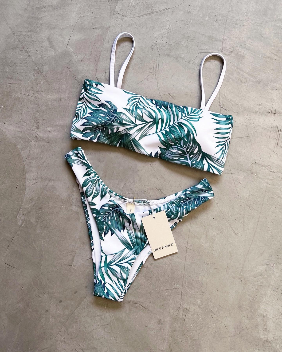 Strapless Green Branch Bikini + Mesh Skirt