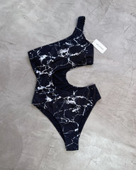 ASYMMETRICAL BLACK MARBLE BODYSUIT