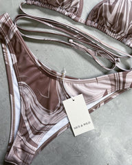 SET BIKINI VETEADO CAFE + FALDA EN MALLA