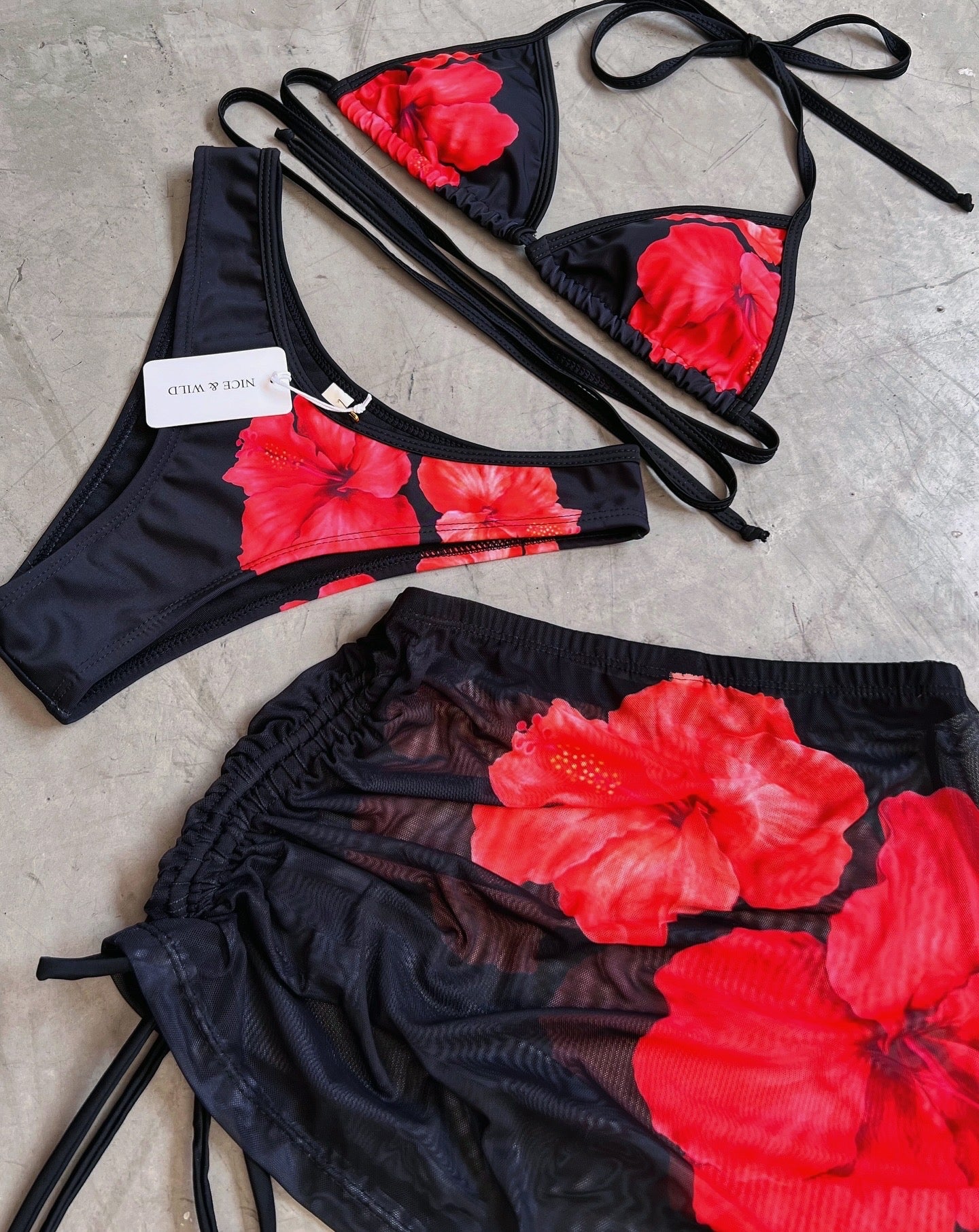 BASIC BLACK HIBISCUS BIKINI + MESH SKIRT