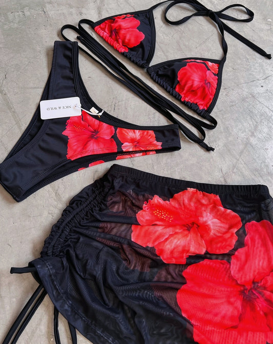 BIKINI BÁSICO HIBISCO NEGRO + FALDA EN MALLA