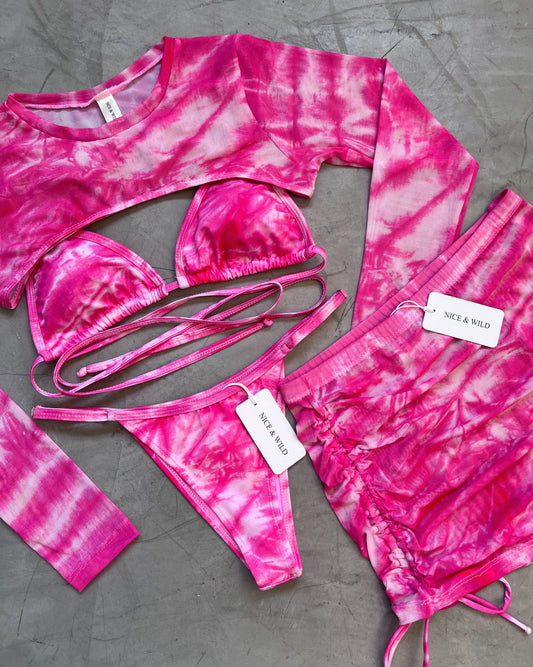SET BIKINI VETEADO ROSADO + FALDA EN MALLA