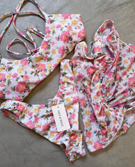 PINK FLORAL CROSSOVER BIKINI + MESH SKIRT