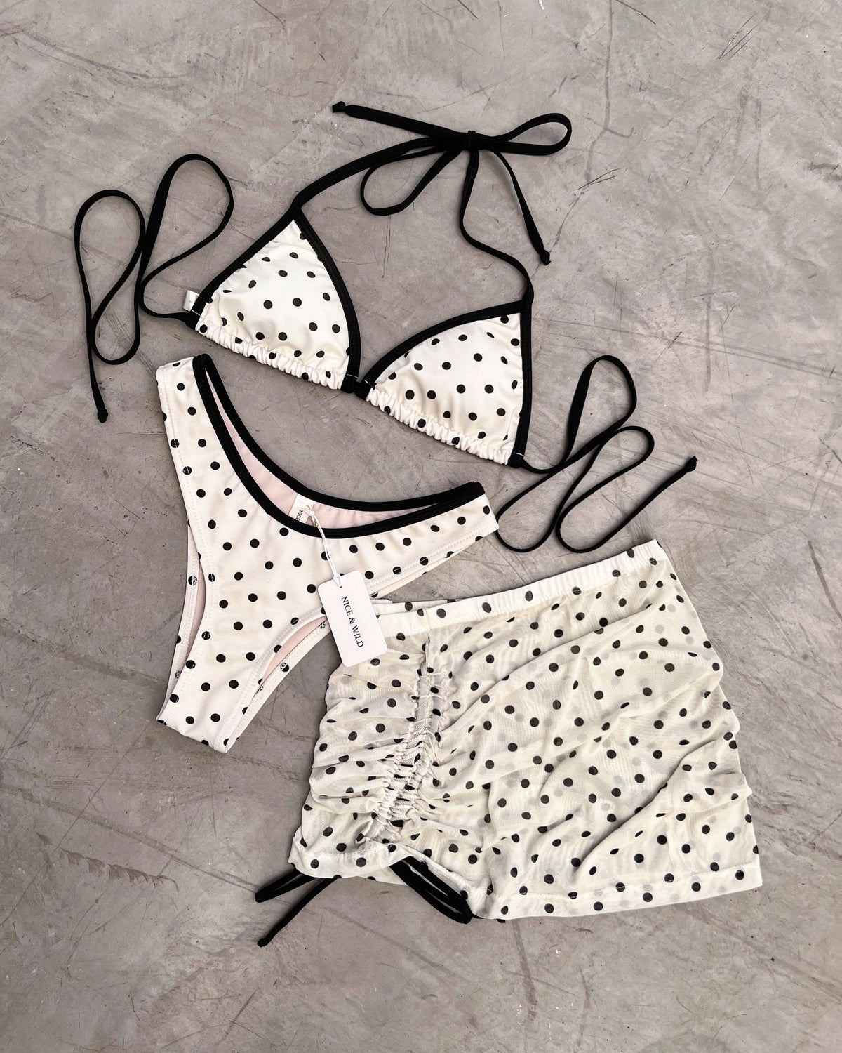 BASIC BIKINI IN BONE POLKA DOTS + MESH SKIRT