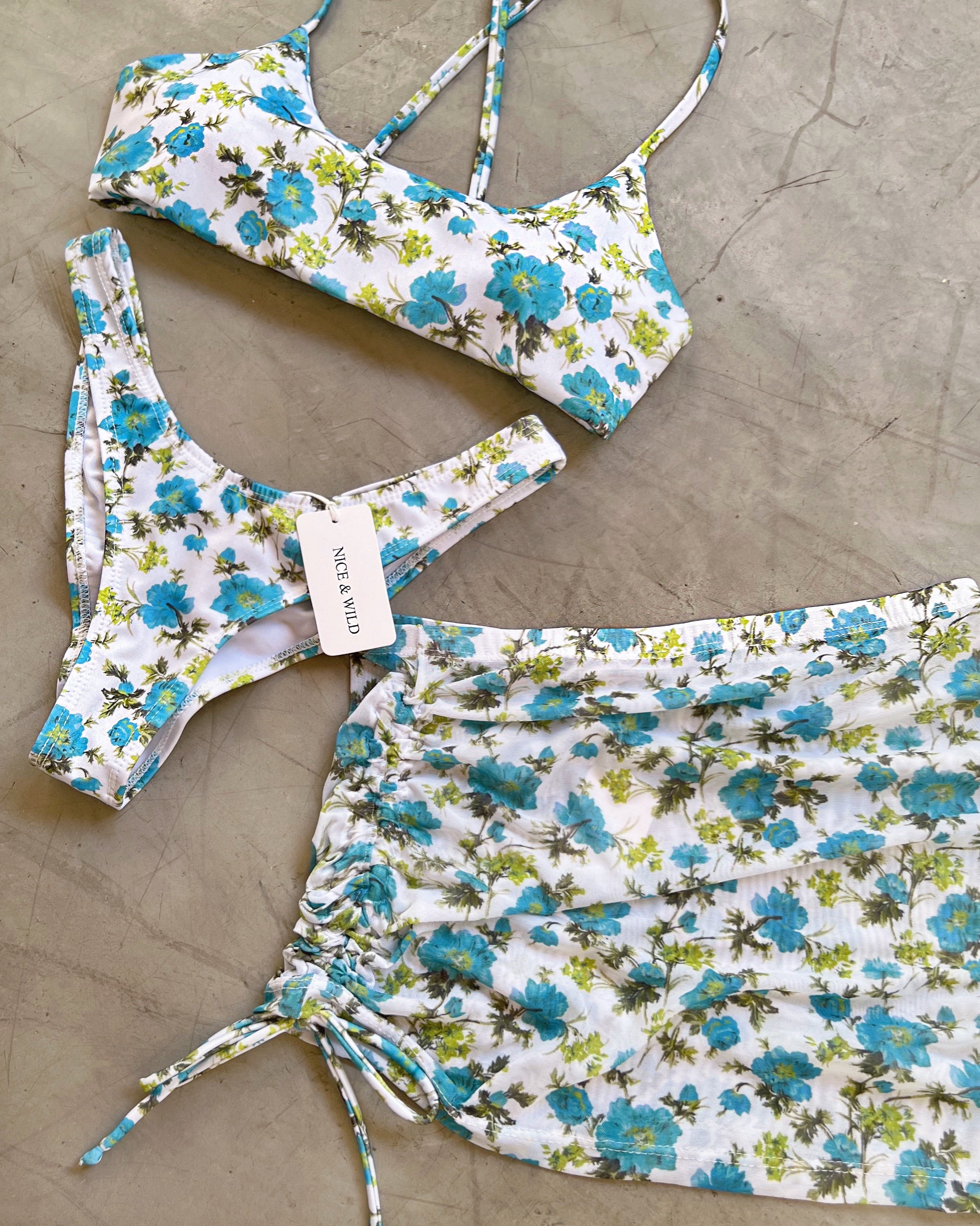Blue Floral Crisscross Bikini + Mesh Skirt
