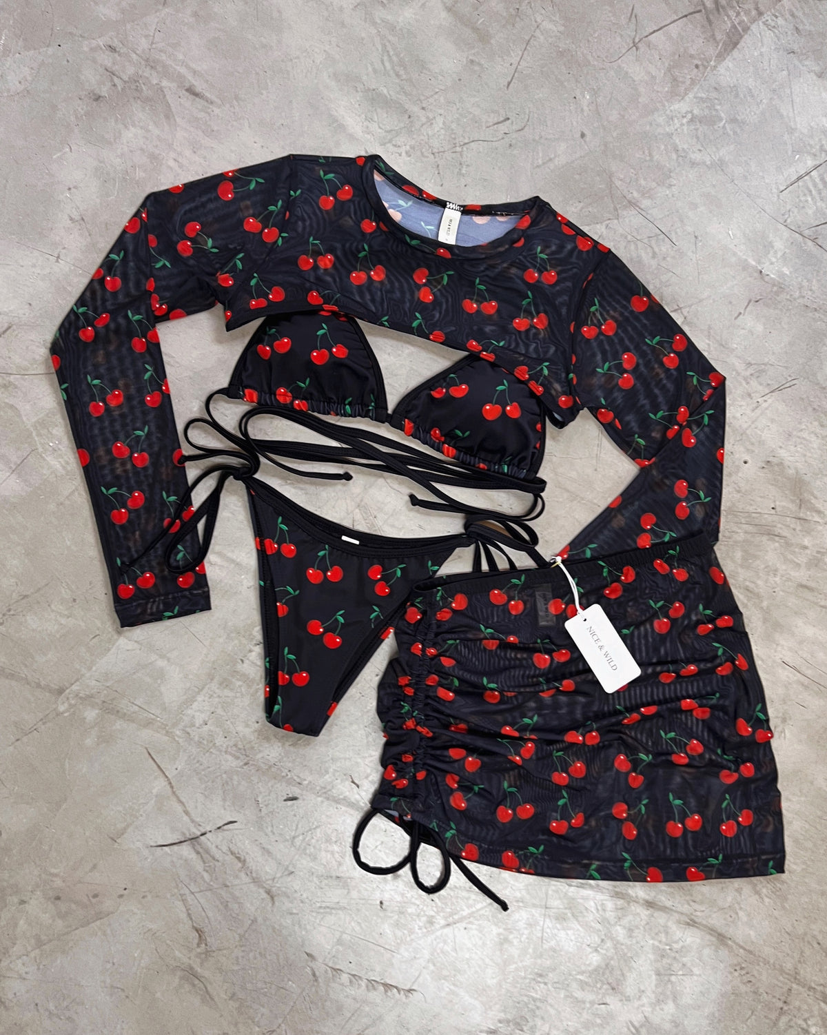BLACK CHERRY BIKINI SET + MESH SKIRT