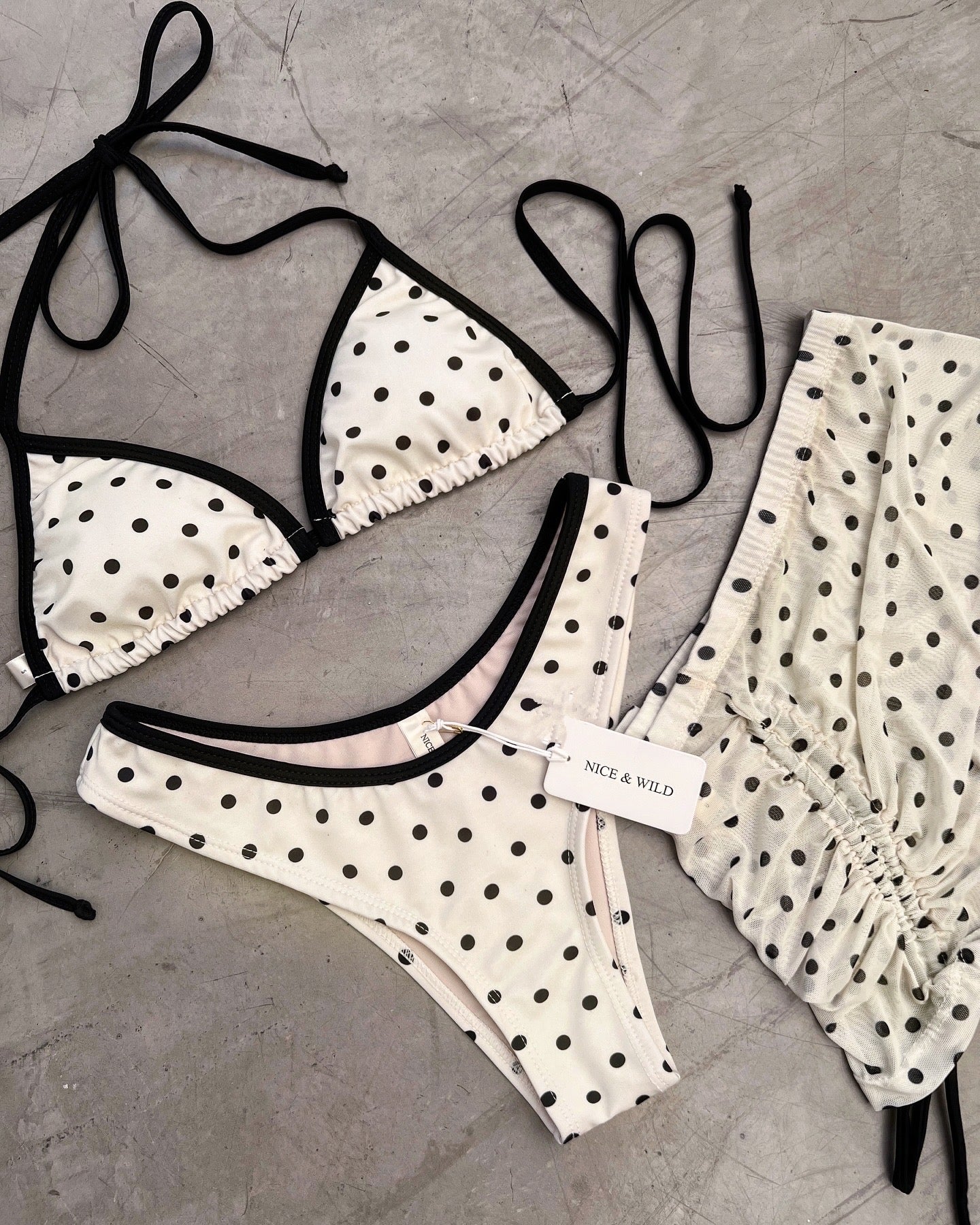 BASIC BIKINI IN BONE POLKA DOTS + MESH SKIRT