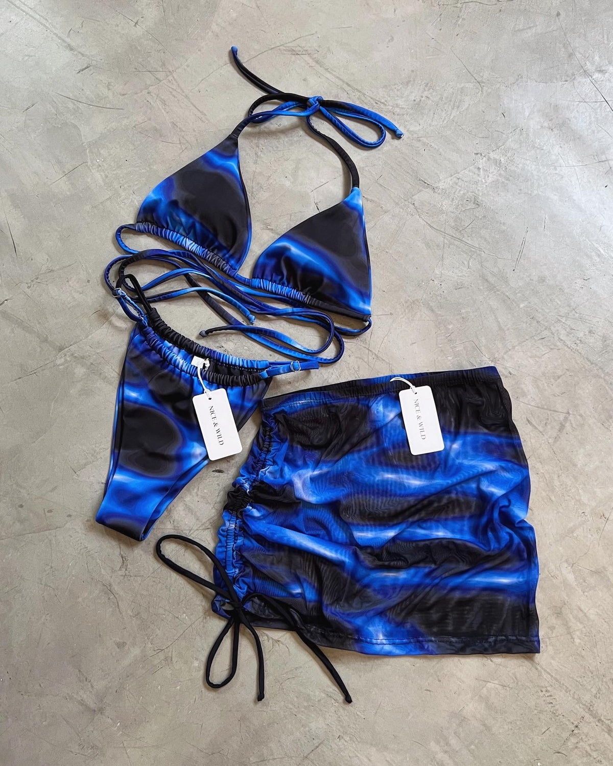 ELECTRIC BLUE TAN BIKINI + MESH SKIRT