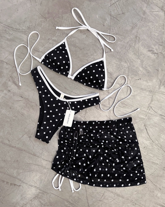 BIKINI BÁSICO PUNTOS NEGRO + FALDA EN MALLA