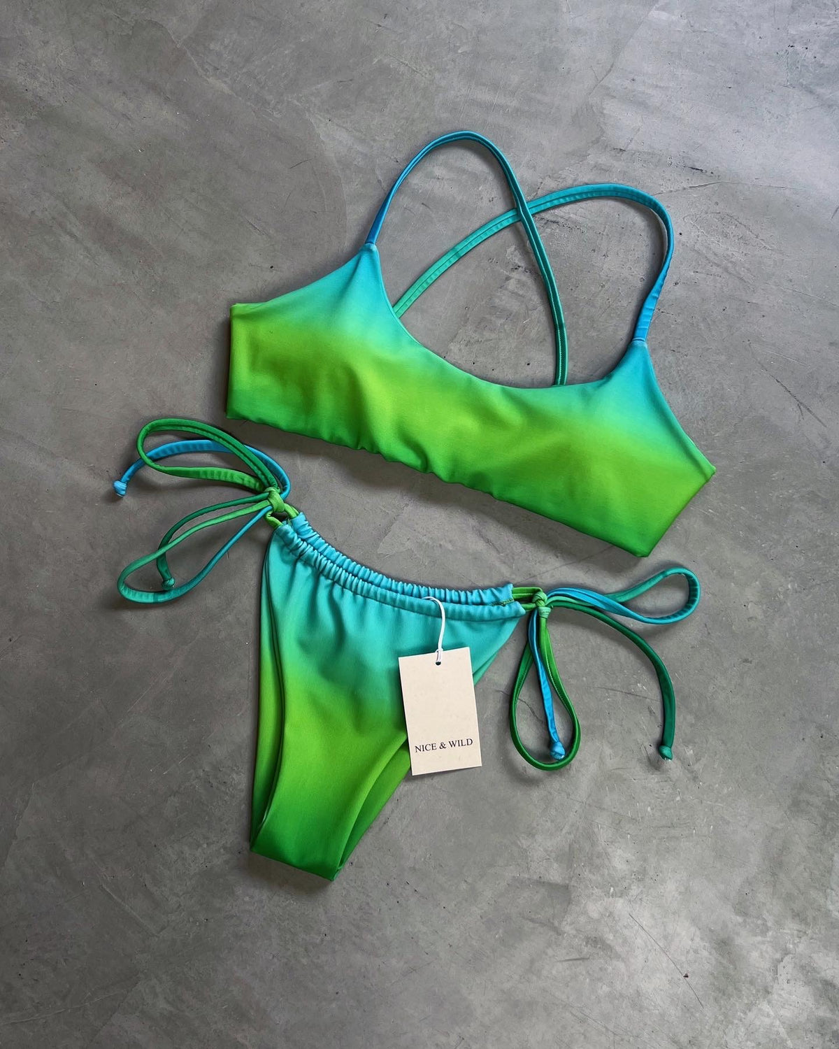 GREEN FADED CROSSOVER BIKINI + MESH SKIRT