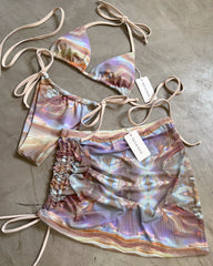 Pearlescent tan bikini + mesh skirt