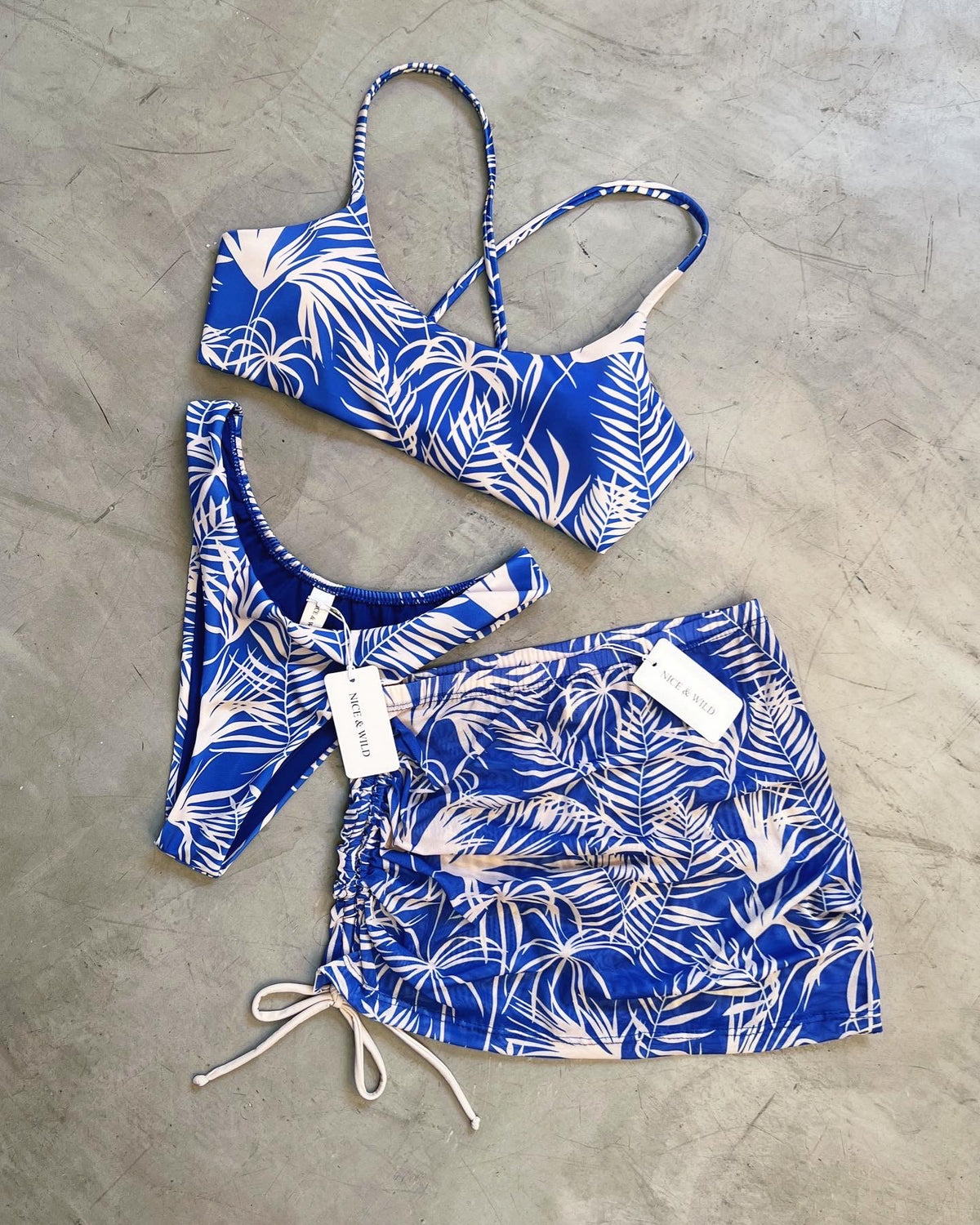BLUE BRANCH CROSSOVER BIKINI + MESH SKIRT