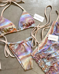 Pearlescent tan bikini + mesh skirt