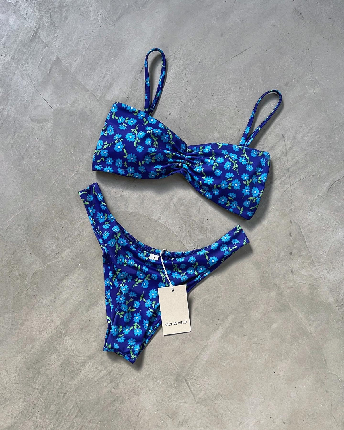 STRAPLESS BLUE FLORAL BIKINI + MESH SKIRT