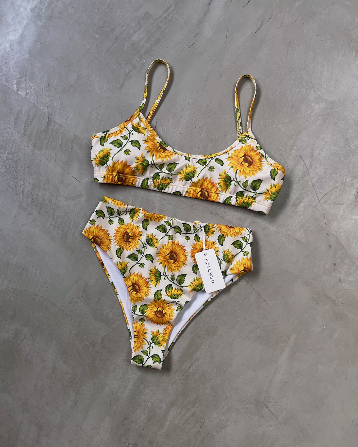 BASIC BIKINI WITH VINTAGE SUNFLOWER STRAPS + MESH SKIRT