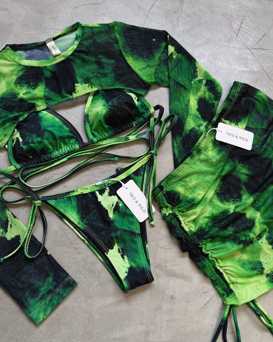 SET BIKINI VERDE MANCHA + FALFA EN MALLA