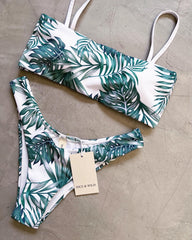 Strapless Green Branch Bikini + Mesh Skirt