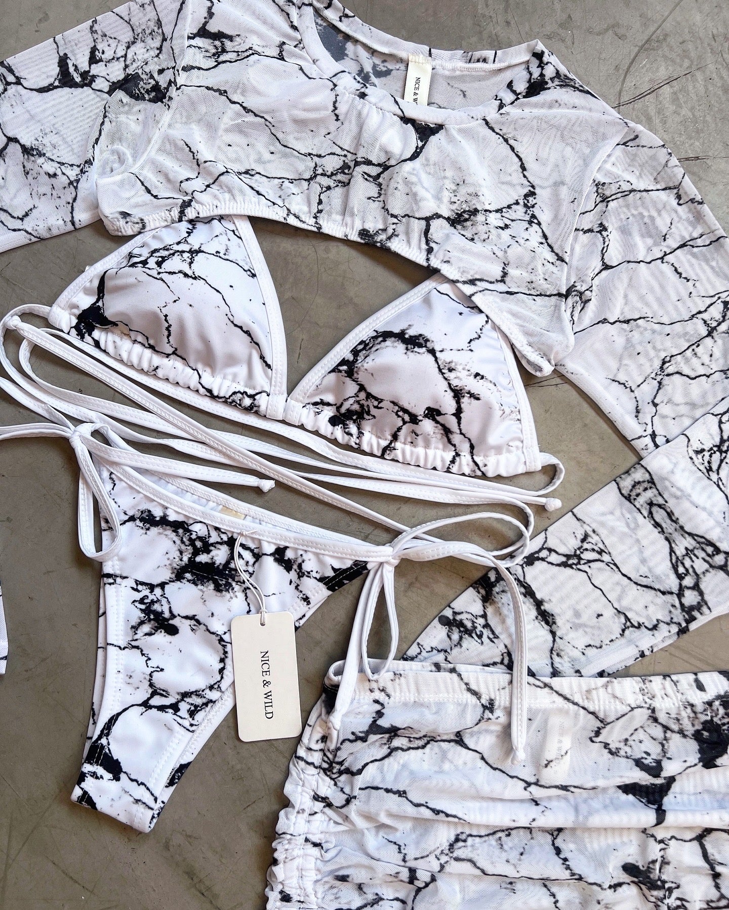 WHITE MARBLE BIKINI SET + MESH SKIRT